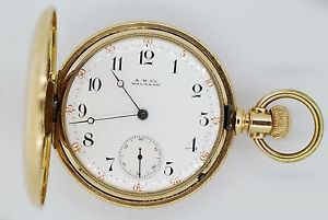 Antique A.W. Co. Waltham J9804 18k Yellow Gold Pocket Hunter Watch