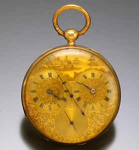 Rare 18K Keywind/Keyset Captain’s 2Time Zone Fancy Gold Carved Dial Pocket Watch