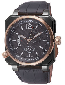GV2 by Gevril Men's 4525 XO Submarine Rose-Gold IP Black Leather Date Wristwatch