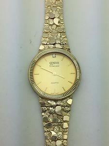 Geneve Men's 10k Solid Yellow Gold Nugget Style with Diamond 8" Wrist Watch