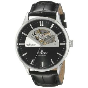 Edox 85014 3 NIN Mens Black Dial Analog Automatic Watch with Leather Strap