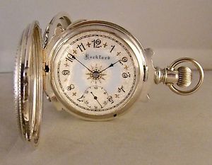 ROCKFORD SOLID SILVER BOX HINGES HUNTER CASE FANCY DIAL 18sPOCKET WATCH YEAR1886