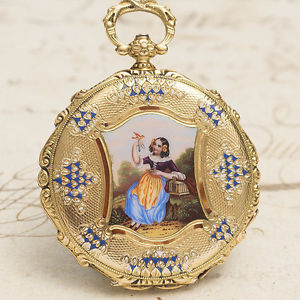 Antique 1830s GOLD & PAINTED ENAMEL Lady Pocket Watch Geneva Swiss