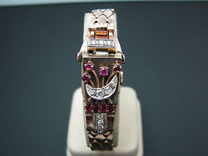 Vintage 14k Rose Gold Louis Lady Hidden Watch with Rubies and Diamonds
