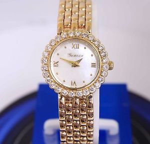 14K Solid Yellow Gold & Diamond Geneve Women's Watch Mother of Pearl Dial