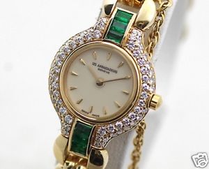 Auth LES AMBASSADEURS Solid Gold Diamond/Emerald Bezel Quartz, Women's watch