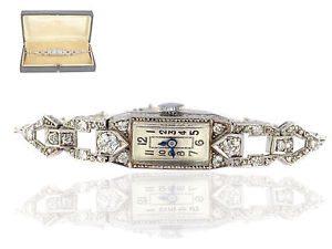 Art Deco Platin 1.00 ct Diamant Brillant Onyx Damen Armbanduhr mit Original Etui