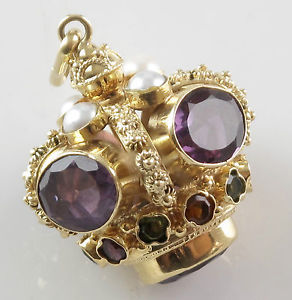 SIGNED VICTORIAN 18K SOLID GOLD JEWEL ENCRUSTED CROWN PENDANT WATCH FOB c1885