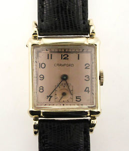 Crawford 17 Jewels 14K Solid Yellow Gold Watch with Black Leather Band