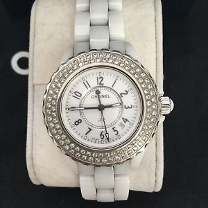 Authentic Chanel White Ceramic J12 33mm Double Row Diamond bezel Watch