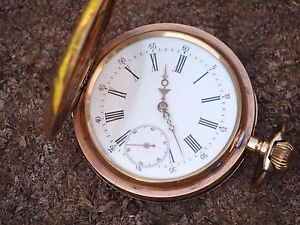 Solid Gold 585 pocket watch, Double hunter, Antique Remontoir 18 rubis