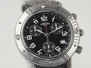 Pre-Owned HERMES Clipper Divers Chrono CL2.910 Men's SS Black Quartz Watch, MD