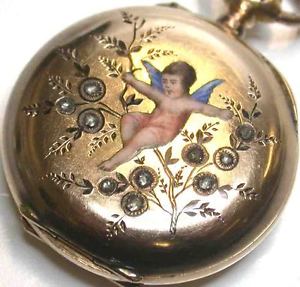 Victorian 14K Yellow Gold Pocket Watch Diamond Champleve Enameled Cherub Angel