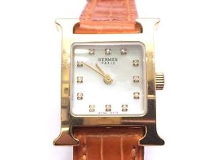 Auth Hermes Crocodile Leather Heure H Watch Orange/ Gold I in Square