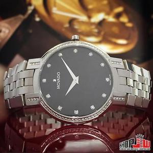 Movado Faceto Diamond Mens Watch 0605585 Swiss Made Black Dial Stainless Steel