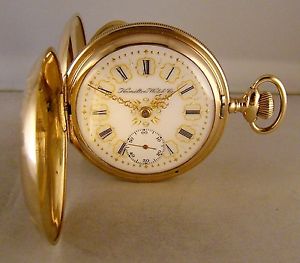 ANTIQUE HAMILTON 943 21j 14k GOLD FILLED HUNTER CASE FANCY DIAL 18s POCKET WATCH