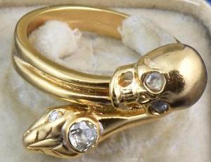 MUSEUM 19th C Victorian Vermeil silver Diamonds Memento Mori Skull&Snake ring