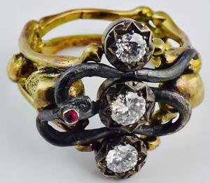 UNIQUE 19th C Victorian 18k gold&1.40ct Diamonds Memento Mori Skull&Snake ring