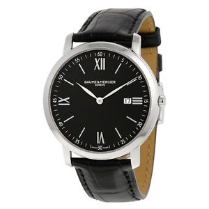 Baume Et Mercier 10098 Mens Black Dial Analog Quartz Watch with Leather Strap