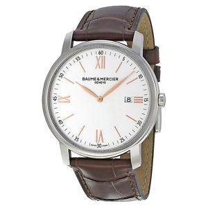 Baume Et Mercier 10144 Mens Silver Dial Analog Quartz Watch with Leather Strap