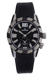 Edox Women's 62005 357N NIN Royal Lady GMT Date Black Rubber Wristwatch