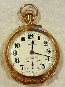 ILLINOIS 1902 RAILROAD SANGAMO 14K GOLD OPEN FACE 21 RUBY J 16S POCKET WATCH
