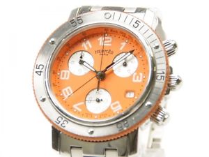 Pre-Owned HERMES Clipper Chronograph CL2.916 Men's SS Orange Dial Quartz, MD
