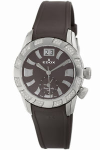 Edox Womens 62005 3D80 BRIN Royal Lady Brown Dial GMT Diamond Rubber Wristwatch