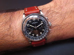 Vintage men's Lemania chronograph manual wind black dial all stainless steel
