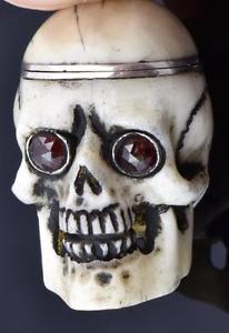 MUSEUM Silver&Niello Automaton Memento Mori SKULL watch&skull pill box chain fob