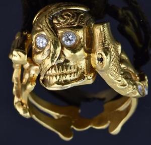 UNIQUE Victorian vermeil silver& Diamonds Memento Mori Skull&Snake poison ring