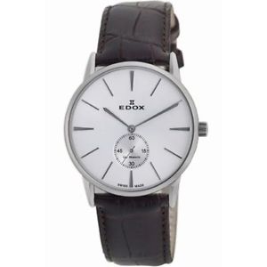 Edox 72014 3 AIN Mens White Dial Analog Automatic Watch with Leather Strap