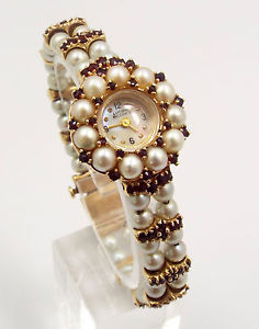 Vintage Lucien Piccard 14K Mother of Pearl, Ruby & Pearl Mechanical Watch
