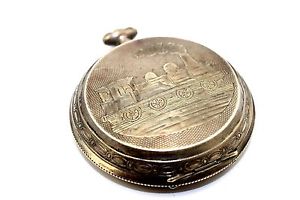 BIG 2.5" Antique REMONTOIR ANCRE 800 Silver Pocket Watch Case w. TRAIN DESIGN