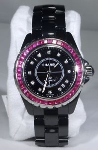 Ladies SS/Black Ceramic Chanel J12 Watch with diamonds around bezel