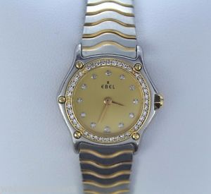 $5,500 Ladies Ebel 18K Yellow Gold Diamond Classic Wave Stainless Steel Watch