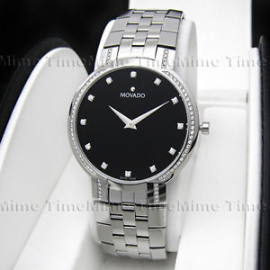 Men's Movado FACETO Diamond 38mm Black Dial Stainless Swiss Quartz Watch 0606237