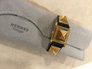 Vintage Authentic Hermes Medor Ladies Secret Watch Black Strap EUC