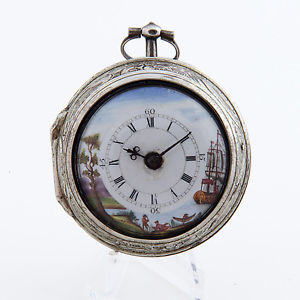 Verge pair case repousse Pocket watch with painted dial