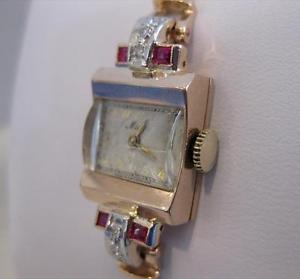 ANTQUE OLD EURO MINE CUT DIAMOND RUBY 14K WHITE ROSE GOLD MIDO WATCH 6.5" #19744