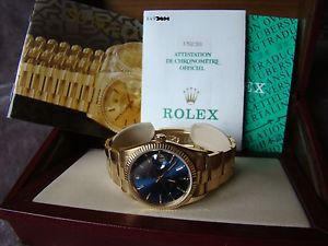 ROLEX DATE 15238 18K YELLOW GOLD OYSTER BRACELET DIAL BLUE