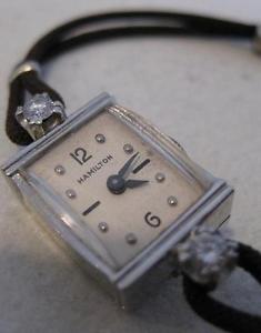 ANTIQUE EURO MINE CUT .35CT DIAMOND 14K WHITE GOLD HAMILTON MECHANICAL WATCH 499