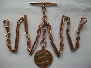 9CT SOLID ROSE GOLD, ALBERT CHAIN + 1913 FULL SOVEREIGN, CIRCA 1925, 30.9 GRAMS