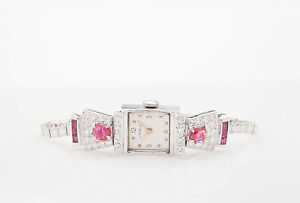Antique Retro $9K 5ct Natural RUBY Diamond Platinum 14k White Gold Ladies Watch