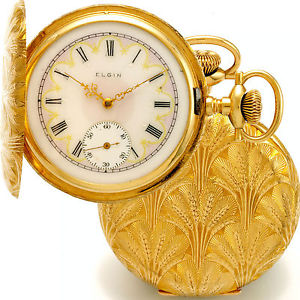 Engraved 14K Gold Case Fancy Dial Elgin Pocket Watch 17-Jewel Bridge Model C1900