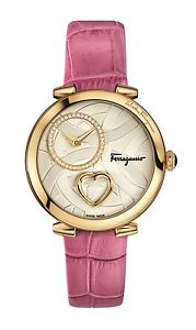 Ferragamo Women's FE2040016 CUORE Diamonds Gold IP Steel Pink Leather Wristwatch
