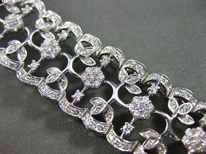 ANTIQUE WIDE 6.0CT DIAMOND 14K WHITE GOLD FILIGREE FLORAL BRACELET STUNNING 2044