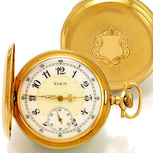 Exceptional Fancy Dial 14K Yellow Gold Hunter Case Elgin Pocket Watch CA1904