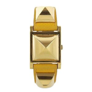 Auth HERMES Metal/Leather Yellow/Gold Medor Wristwatch:P2675_g_422