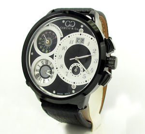 Curtis & Co Mens Black PVD XL Swiss Watch 3 Time Zone